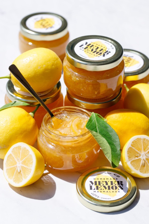 Open jar of Old-Fashioned Meyer Lemon Marmalade, with whole and half lemons and full jars with printable labels.