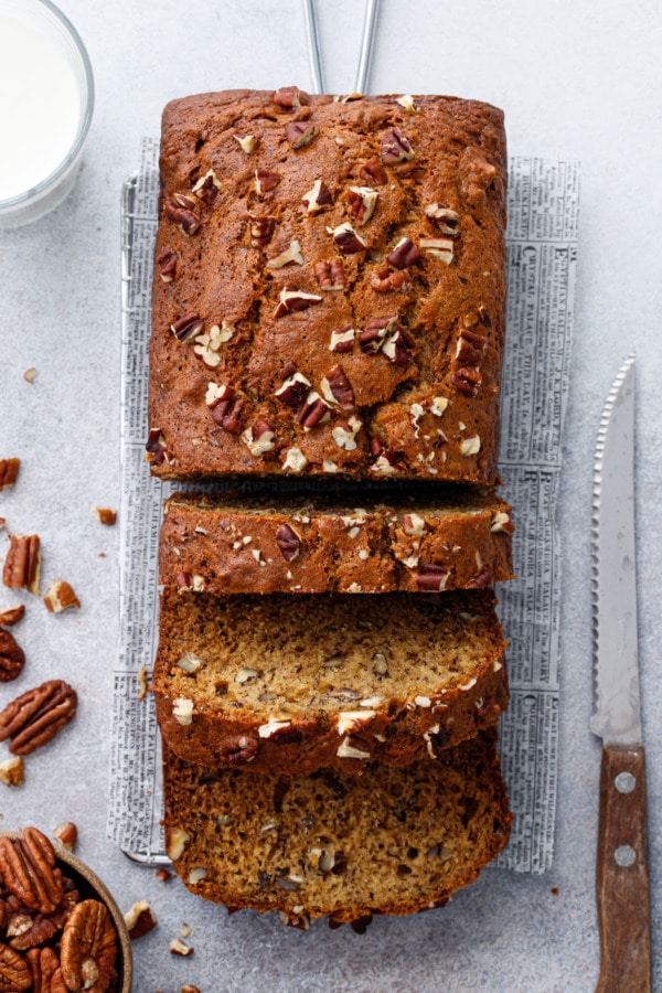 Overhead of sliced loaf of Bananas Foster Banana Bread