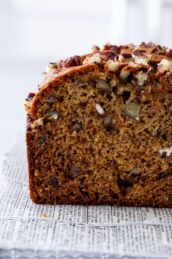 Texture closeup of cross-section of Bananas Foster Banana Bread