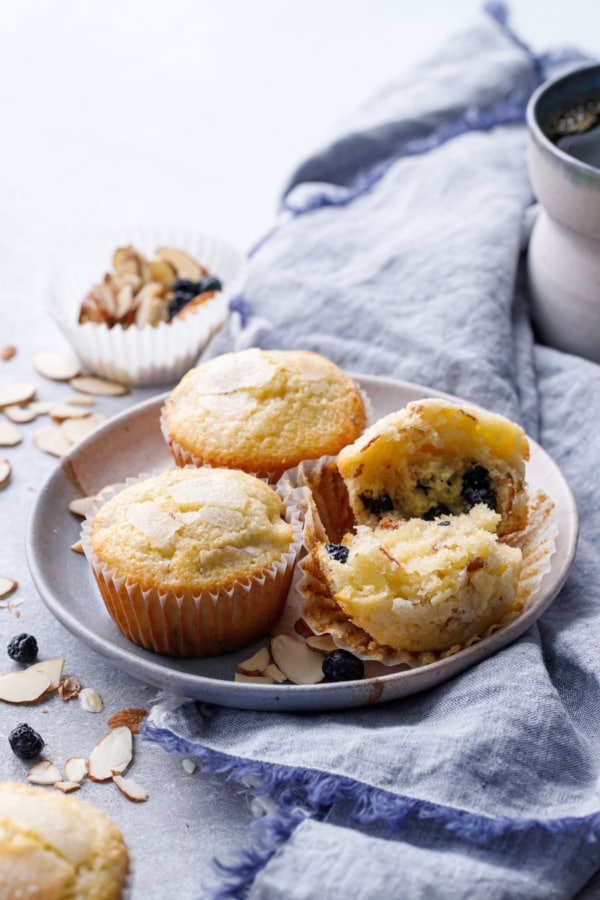 Plate of Sourdough Muffins with a blue chambray napkin