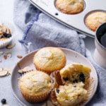 Plate of Sourdough Muffins with Dried Blueberries and Almonds, linen napkin and muffin tin