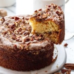 Lifting a slice of Greek Yogurt Coffee Cake showing the texture inside