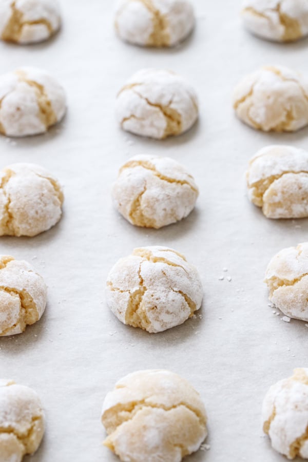 Rows of powdered-sugar coated amaretti cookies on a parchment-lined baking sheet