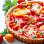 Goat Cheese & Heirloom Tomato Tart on a marble plate surrounded by more tomatoes