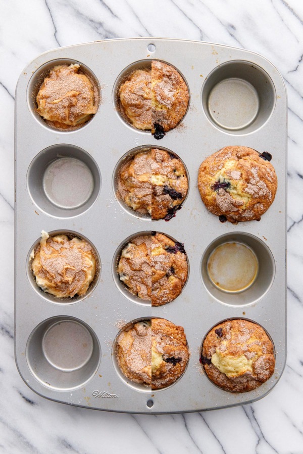 Split screen before and after baking blueberry muffins