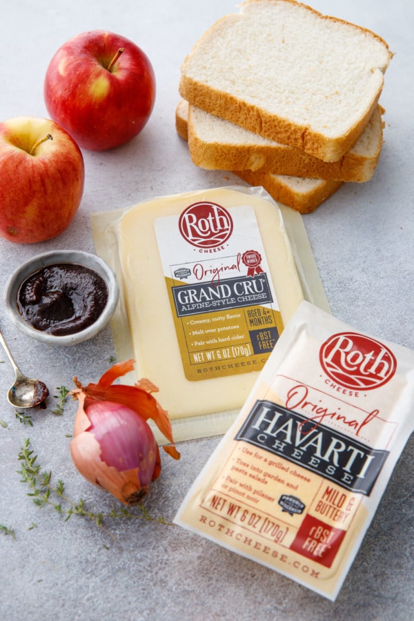 the raw ingredients to make an Apple Butter Grilled cheese, including Roth Grand Cru cheese.