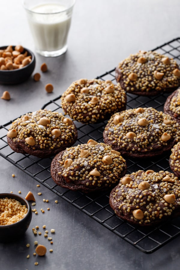 Freshly baked Chocolate Peanut Butter Crunch Cookies on a cooling rack