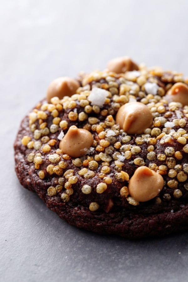 Closeup of cookie showing the texture of the puffed quinoa and sea salt on top