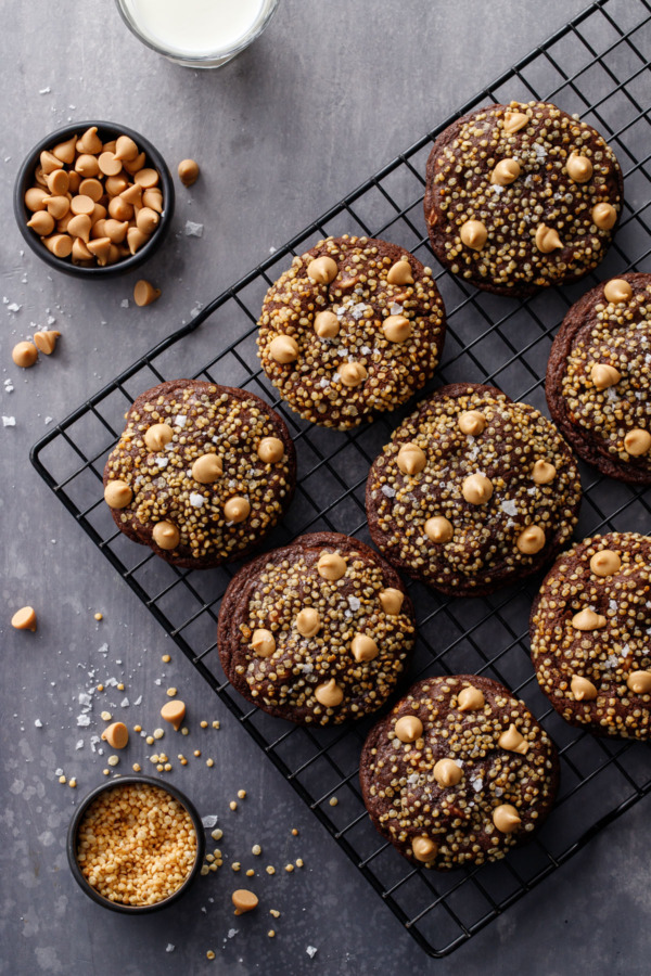 Overhead, Chocolate Peanut Butter Crunch Cookies on a wire cooling rack