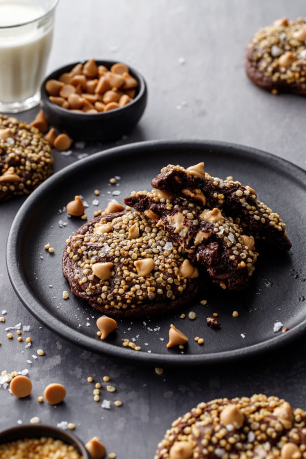 Chocolate cookies with peanut butter chips and puffed quinoa