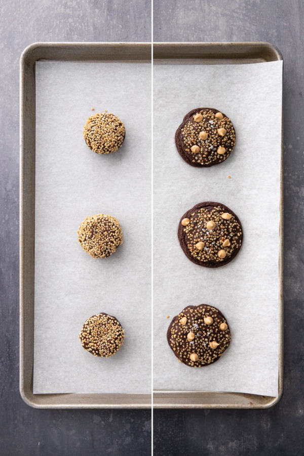 Split screen, cookies before and after baking.