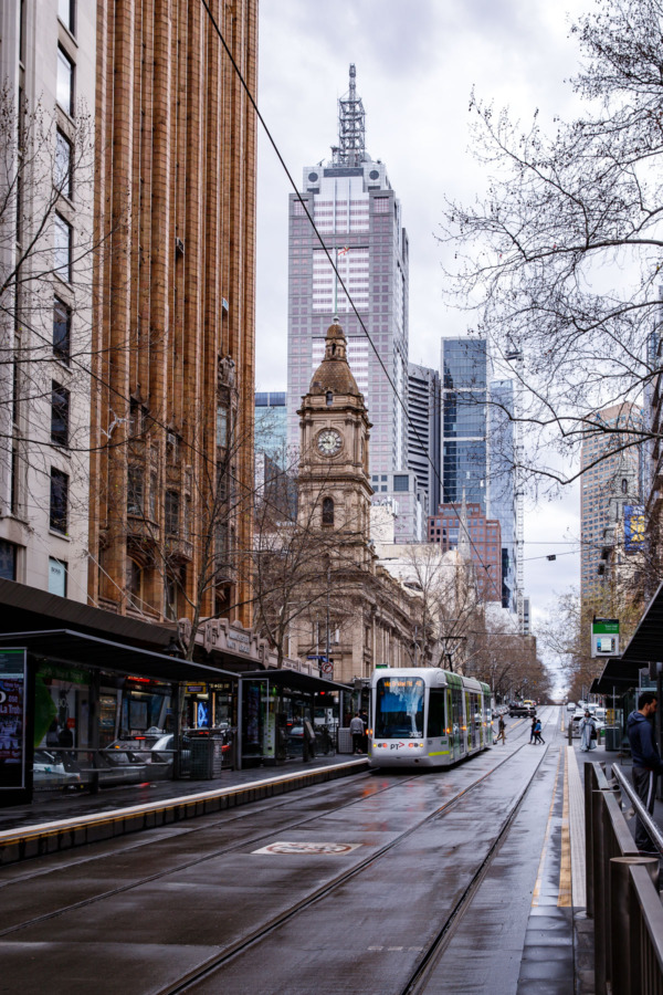 A rainy street in Melbourne, Australia with tram