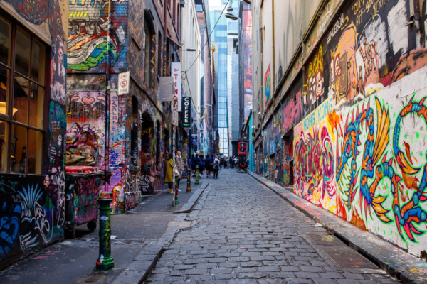 Looking up Hosier Lane with graffiti covered walls, Melbourne, Australia