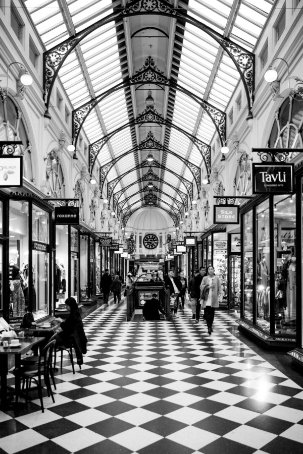 Royal Arcade in Melbourne, Australia in black and white