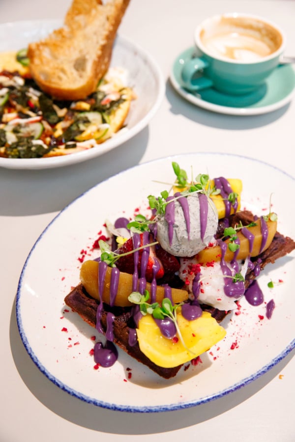 Beautiful brunch presentation: Ube waffles and okonomiyaki omelet from Operator25 in Melbourne, Australia