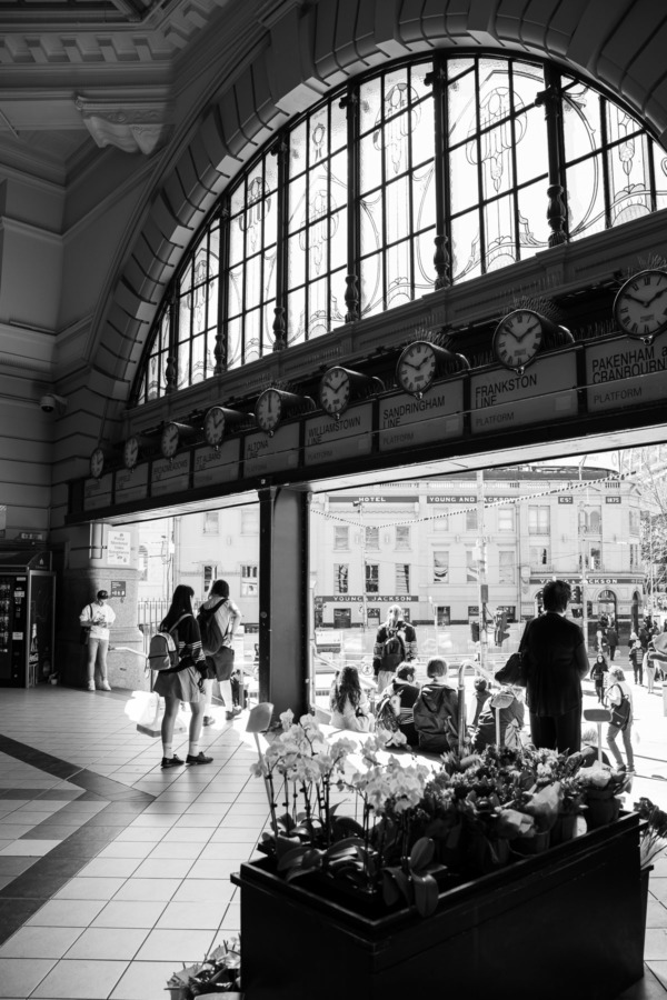 Interior of Flinders Street Station in black and white, Melbourne, Australia