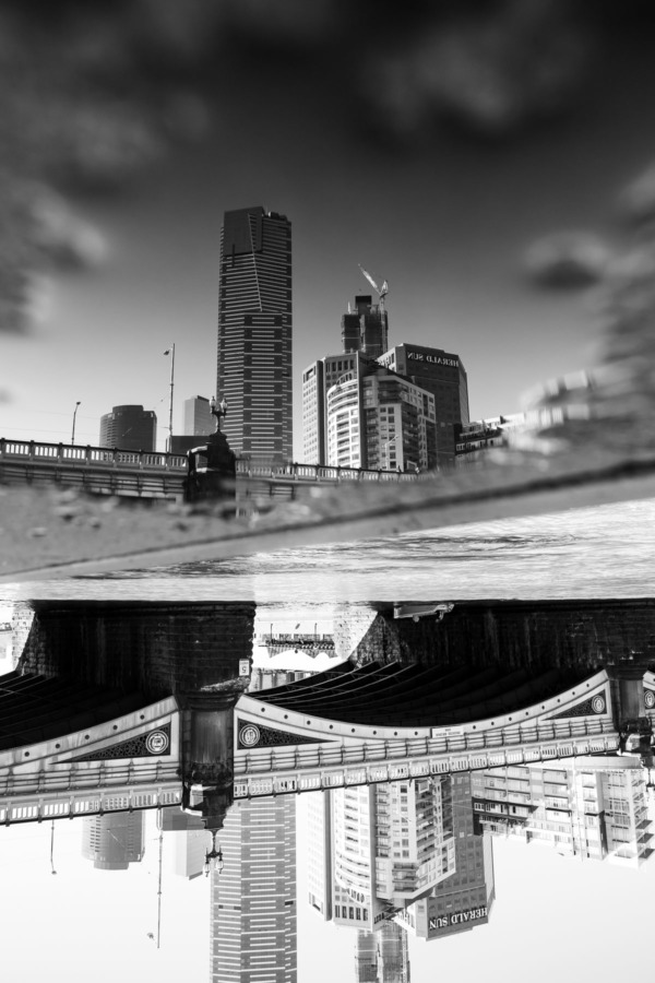 Inverted black and white reflection of downtown Melbourne, Australia