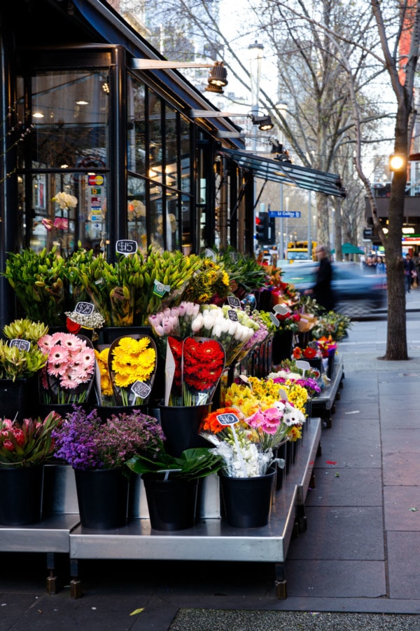 Flower stall on the street at dusk, Melbourne, Australia