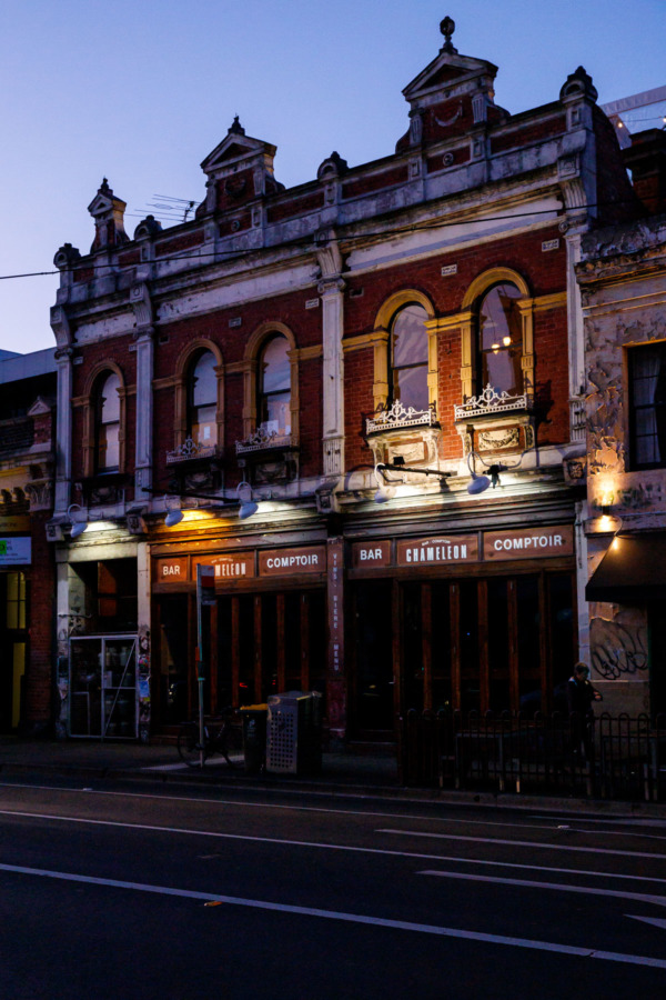 Unique brick building in Melbourne, Australia at dusk