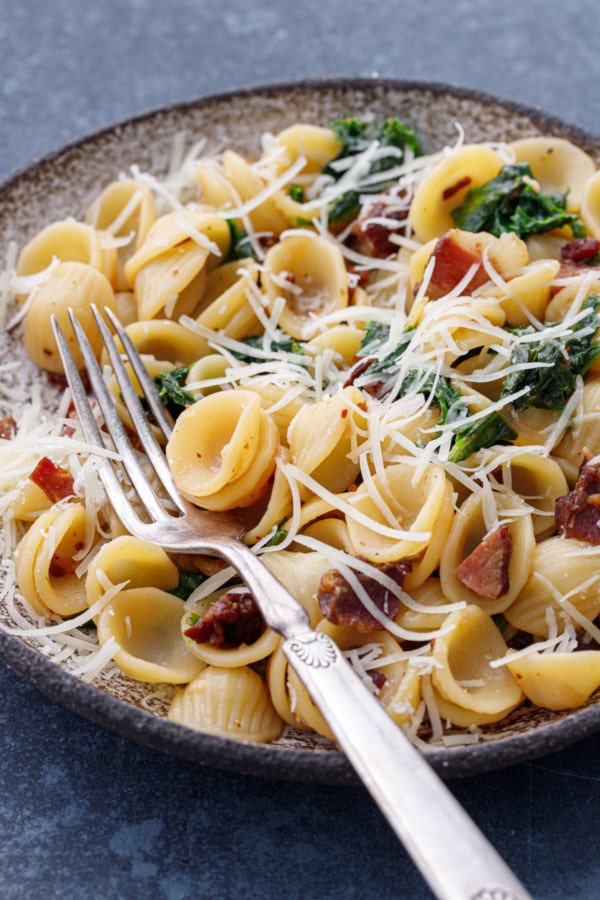 Closeup bowl of Orecchiette with Bacon and Wilted Frisée