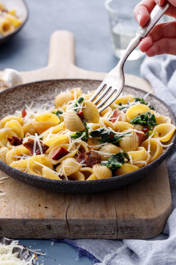 Fork lifting some pasta out of the bowl