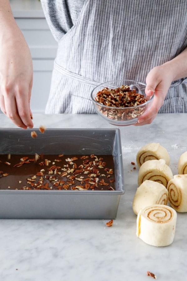 Sprinkle pecans over caramel topping in pan