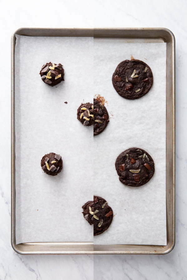 Split screen, Double Dark Chocolate Ginger Cookies before and after baking