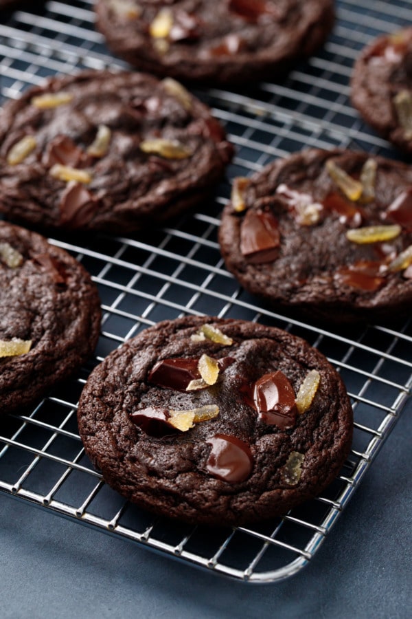 Closeup Double Dark Chocolate Ginger Cookies on a wire rack