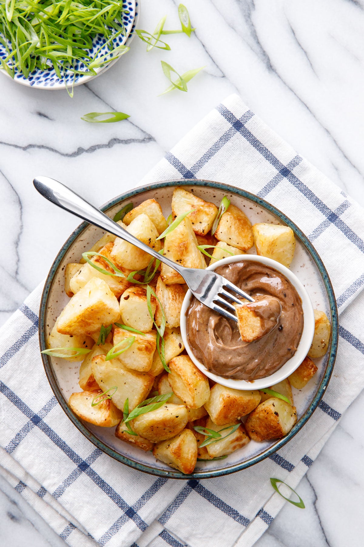 image of Crispy Roasted Potatoes With Black Garlic Aioli recipe by Love and Olive Oil