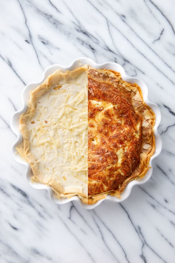 Split screen showing the quiche Before and After baking.