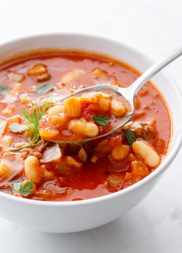 Closeup, spoonful of Pasta e Fagioli soup