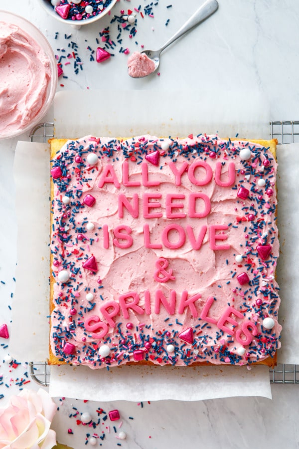 Overhead, Square cake with pink frosting and sprinkles, letters that read All You Need is Love & Sprinkles