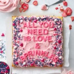 Overhead, Square cake with pink frosting and sprinkles, letters that read All You Need is Love & Sprinkles