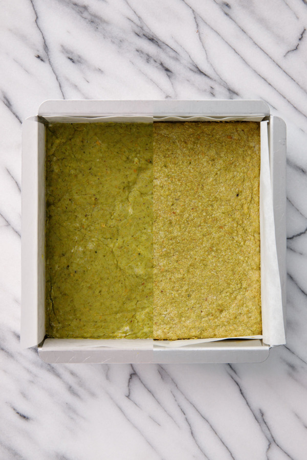 Split screen, Matcha Pistachio Shortbread before and after baking