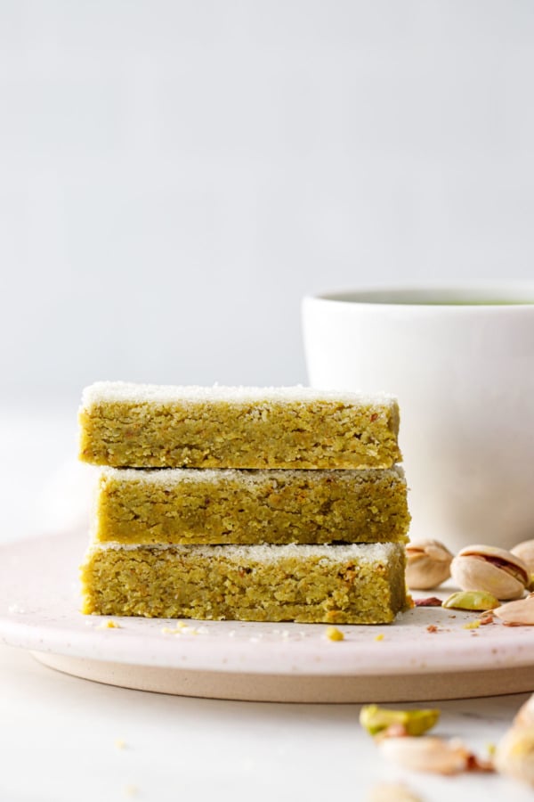 Stack of Matcha Pistachio Shortbread cookies, showing the flaky, tender texture