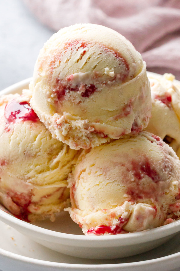 Closeup, stacked scoops of Toast & Jam Ice Cream