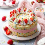 Strawberry Funfetti Ice Cream Cake on gray with pink linen and fresh berries