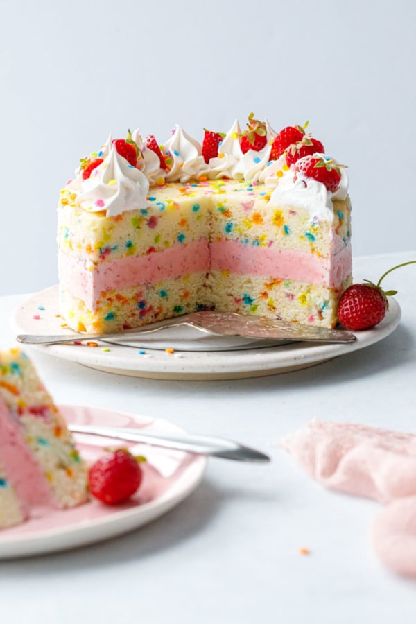Cut view of Strawberry Funfetti Ice Cream Cake to show layers, blurred slice in foreground