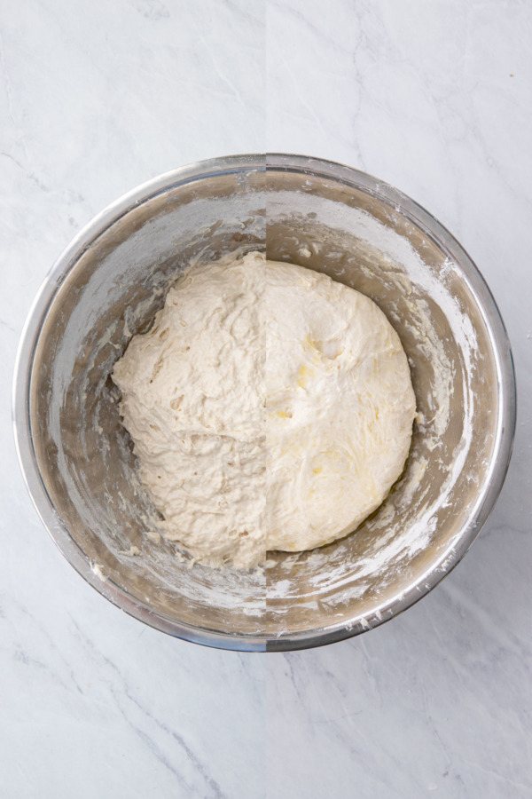 Split screen before and after two sets of folds: rough, shaggy dough on the left and a smooth, tighter dough on the right.