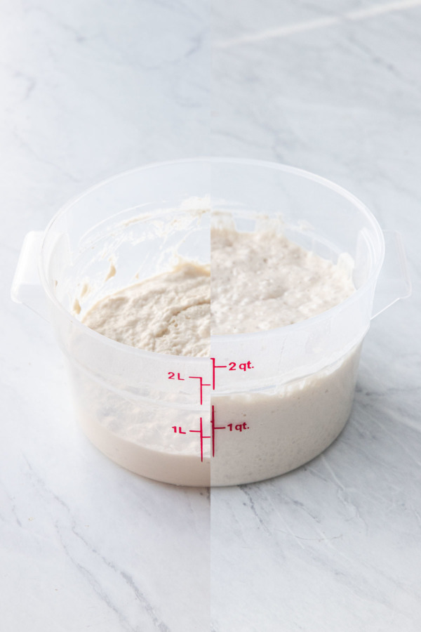 Split screen before and after an overnight rise: Poolish dough in a plastic cambro tub.