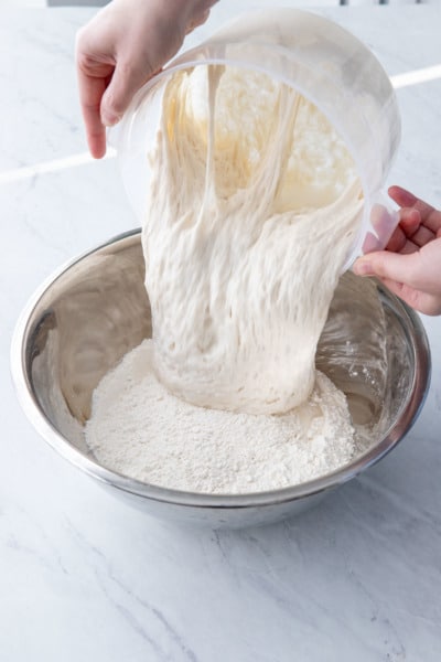 Add poolish to flour mixture in a large bowl or tub.