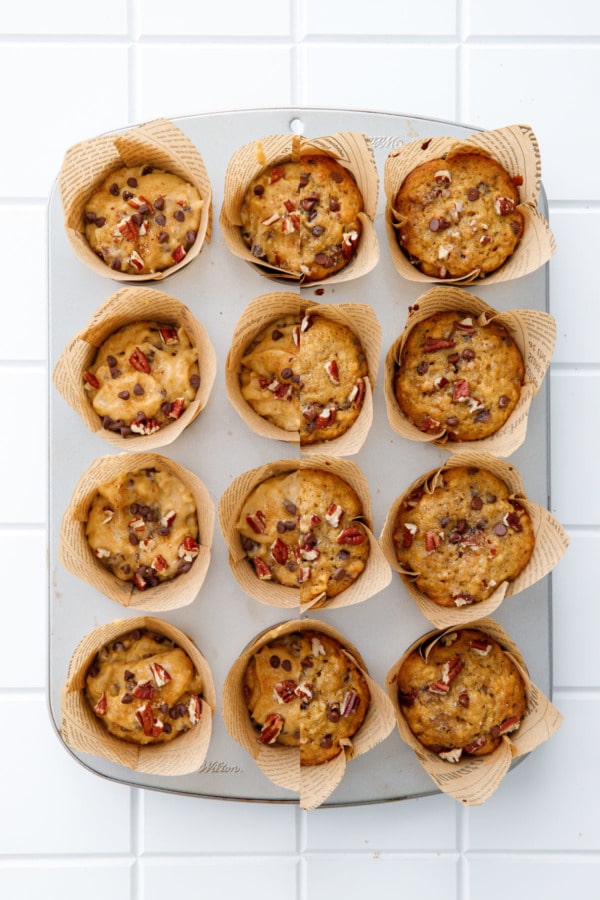 Split screen showing banana bread muffins Before and After baking.