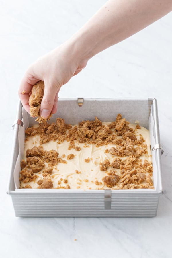 Sprinkling espresso crumbs on top of the batter, working from the edges in.