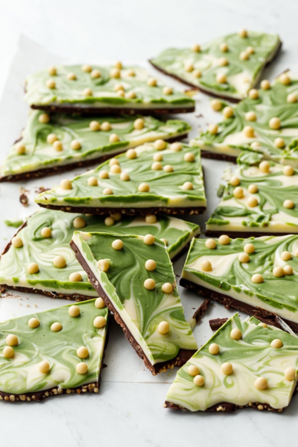 Random cut pieces of matcha and white chocolate bark on a white parchment background
