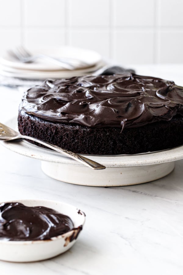 Sour Cream Chocolate Cake with glossy chocolate frosting, on a white background