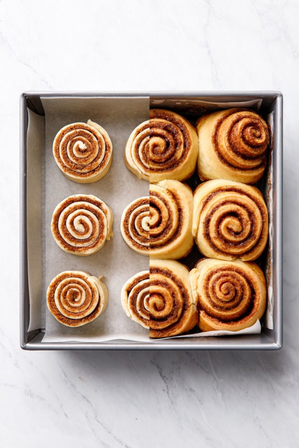 Split screen showing Brown Butter Cinnamon Rolls Before and After baking.
