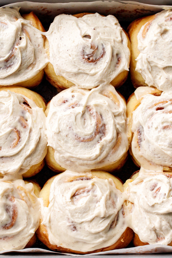 Overhead, Pan of Brown Butter Cinnamon Rolls with creamy frosting