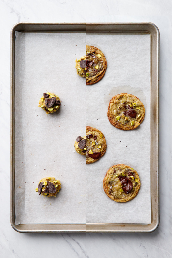 Split screen showing Salted Pistachio & Dark Chocolate Chunk Cookies before and after baking.