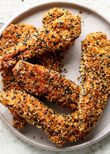 Plate with scattered Panko Sesame Chicken Tenders