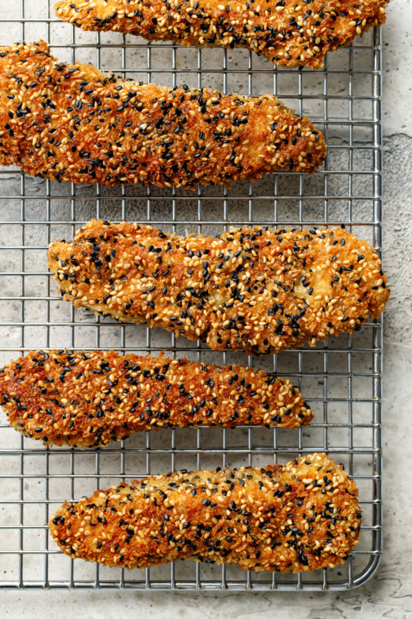 Overhead, wire rack with row of Panko Sesame Chicken Tenders